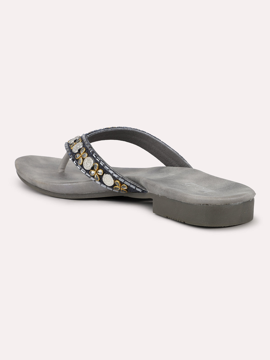 Women Pewter Embellished Open Toe Flats