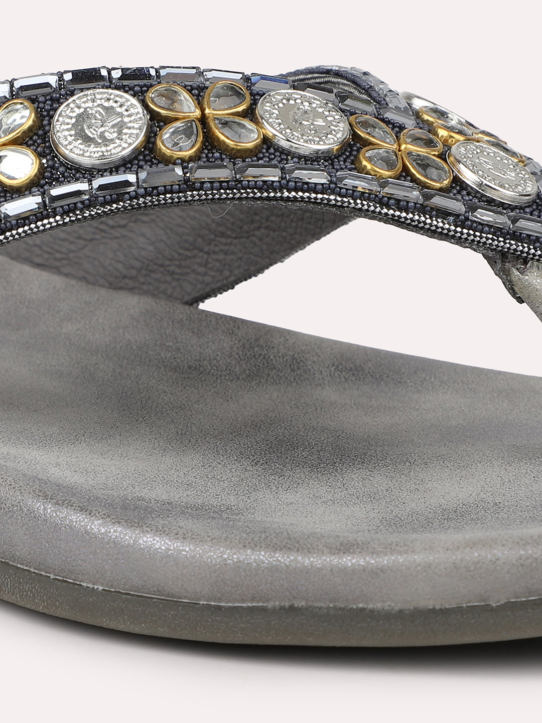 Women Pewter Embellished Open Toe Flats