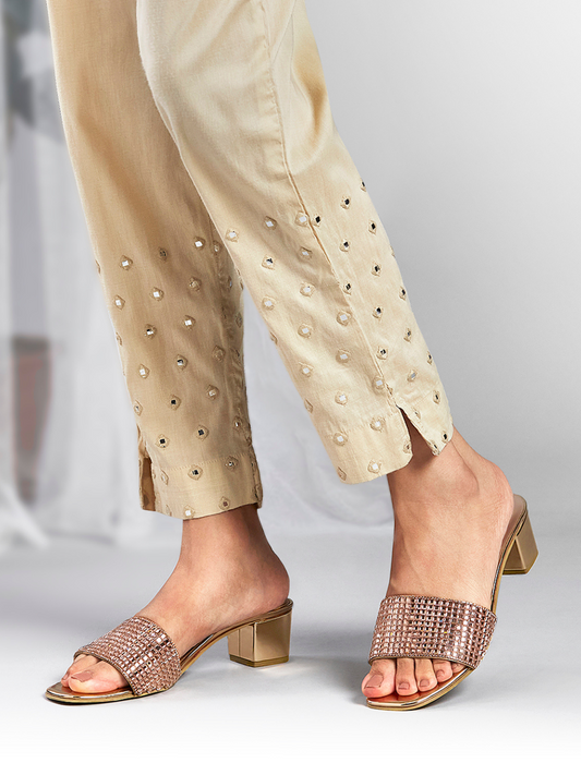 Women Rose Gold Embellished Block Heels