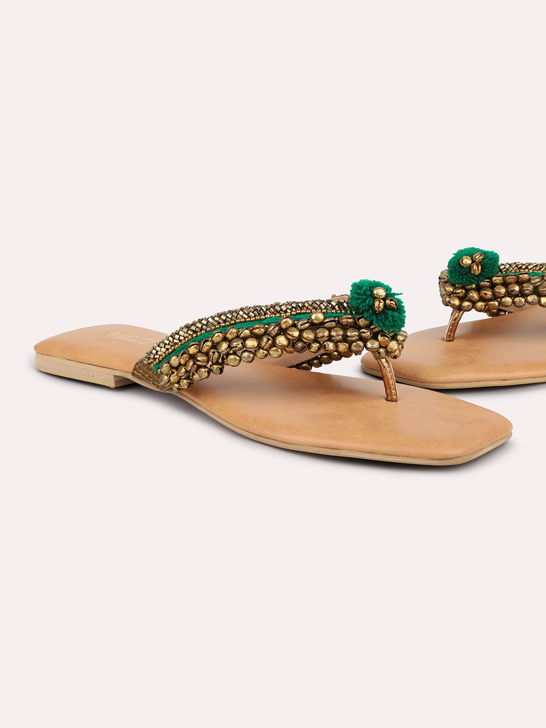 Buy Now Women Antique Embellished Open Toe Flats With Ankle Bells