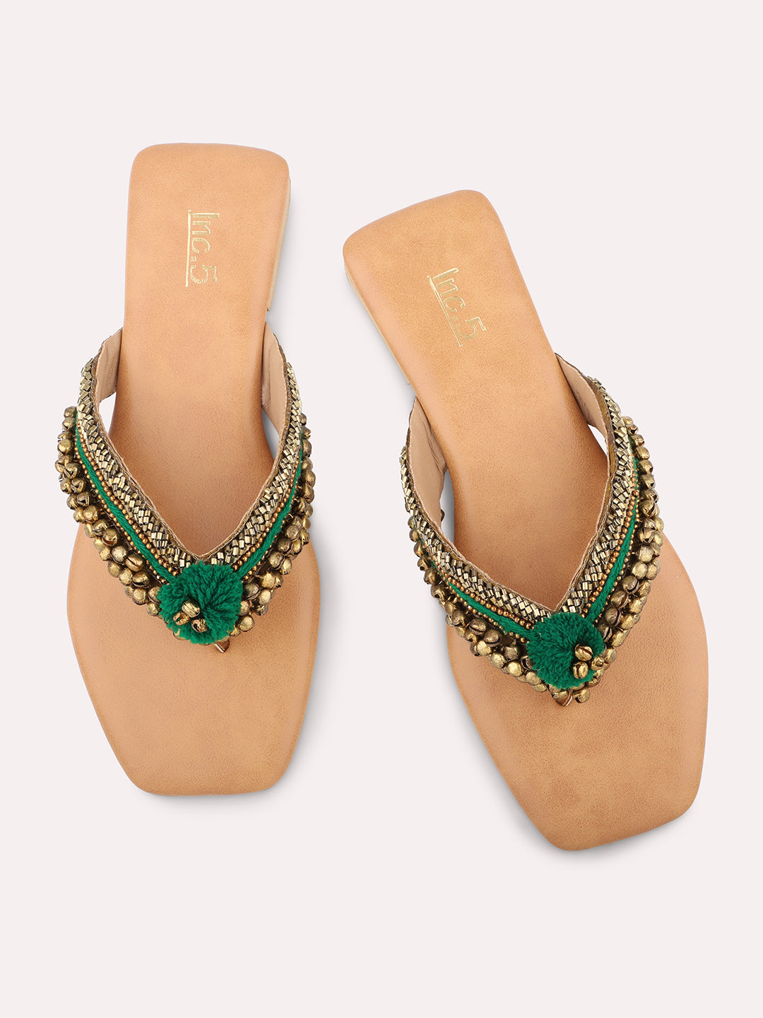 Women Antique Embellished Open Toe Flats With Ankle Bells