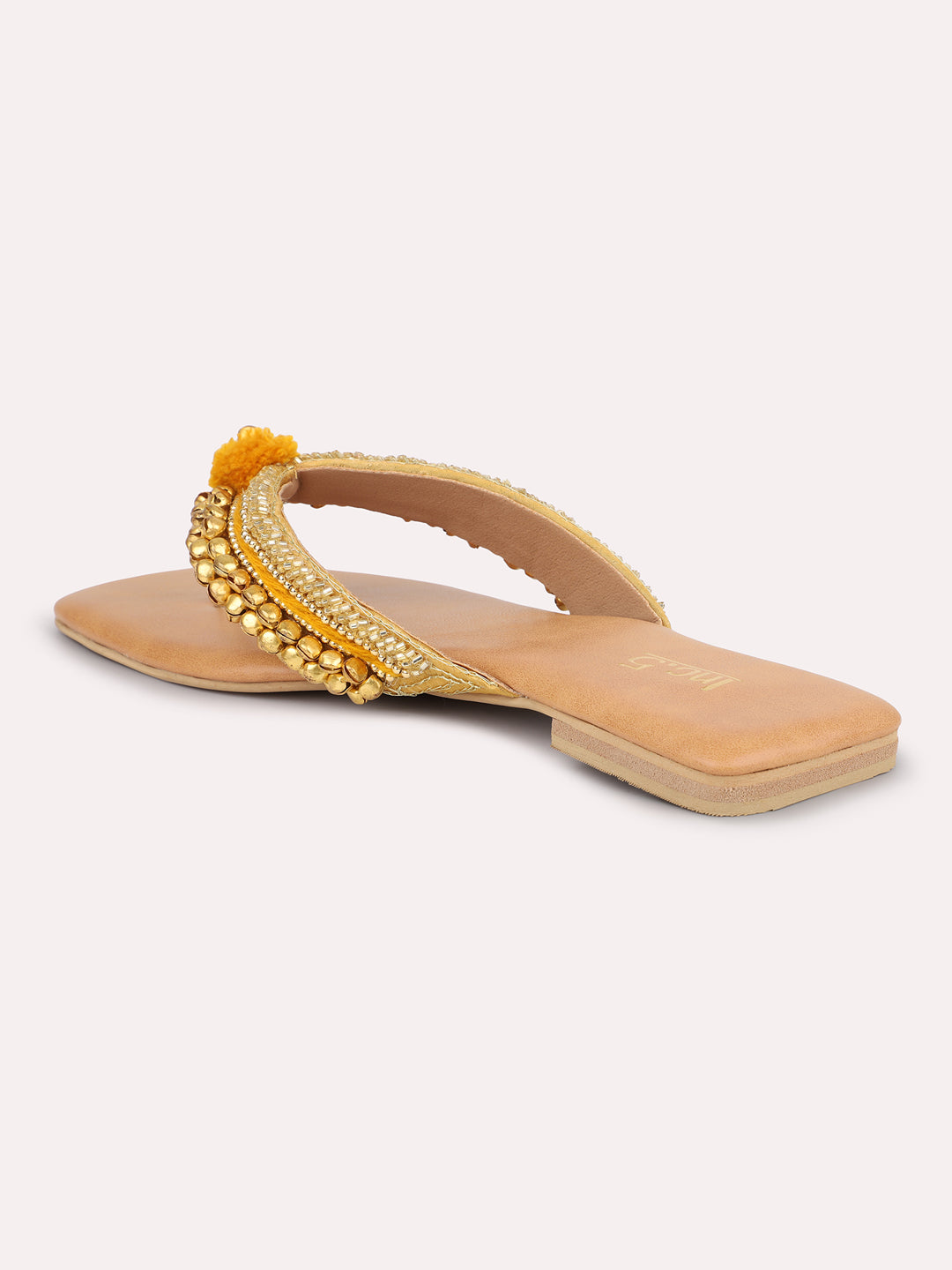 Women Gold Embellished Open Toe Flats With Ankle Bells