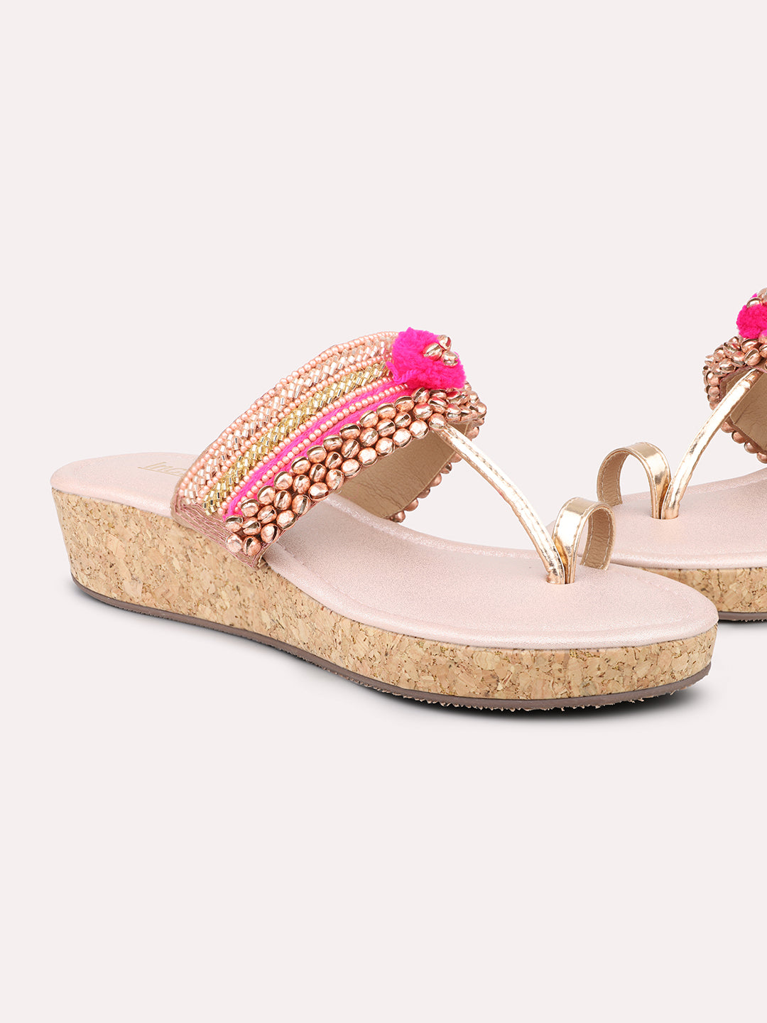 Women Rose Gold Embellished One Toe Wedges With Ankle Bells