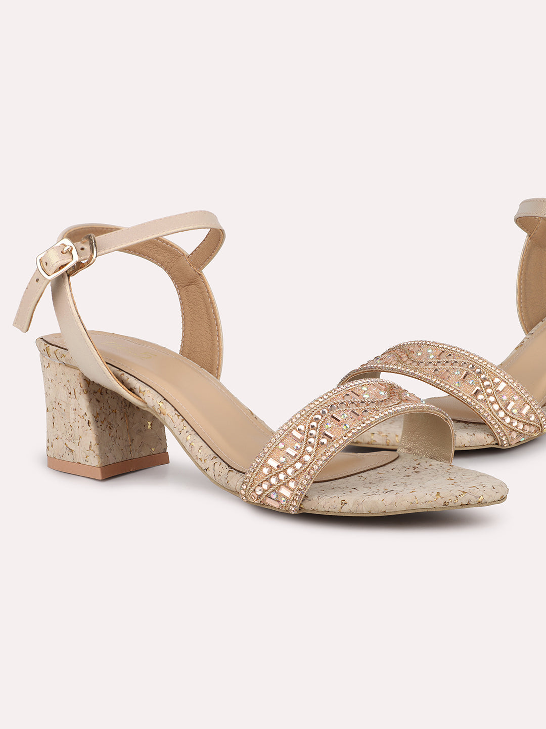 Women Rose Gold Embellished Cork Block Heels With Backstrap