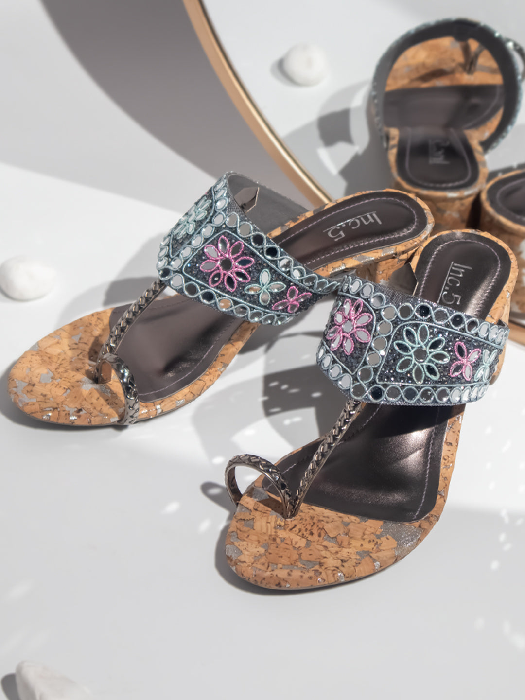 Women Pewter Embellished Ethnic Block Heels