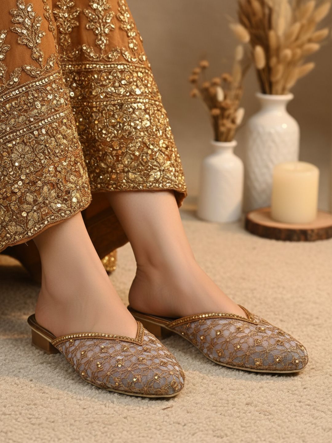 Women Antique Embellished Mules Flats