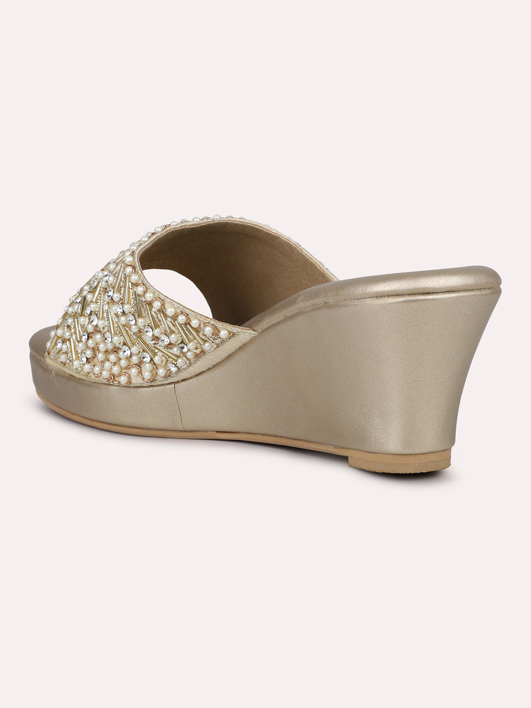 Women Gold Embellished Open Toe Wedge Heels