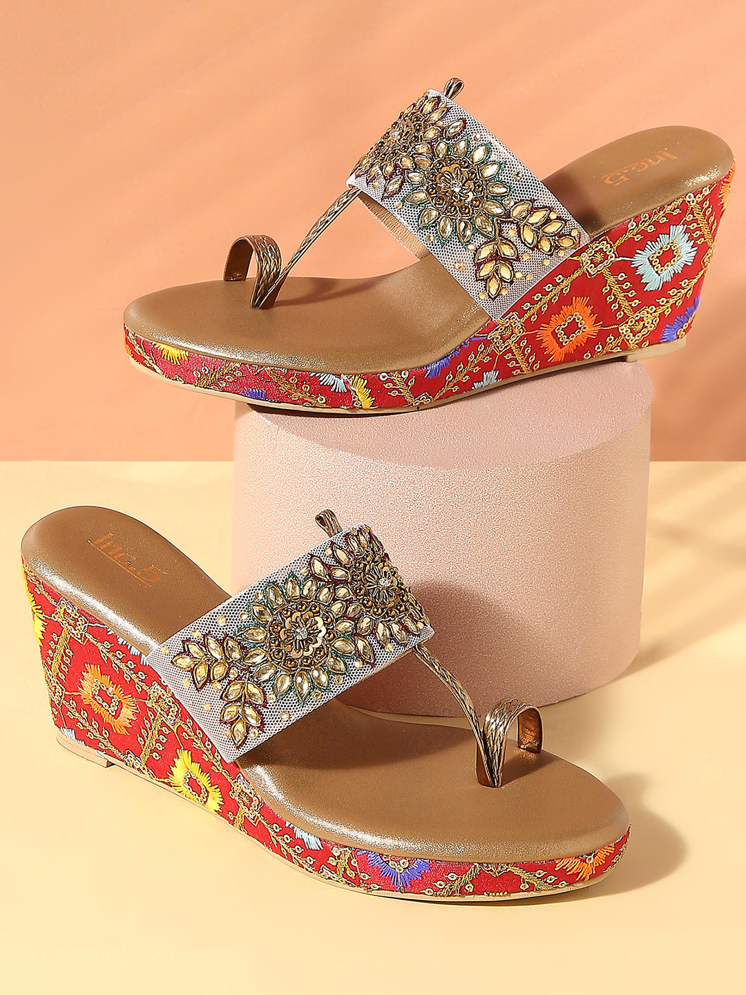 Women Antique Ethnic Embellished Wedges Heels