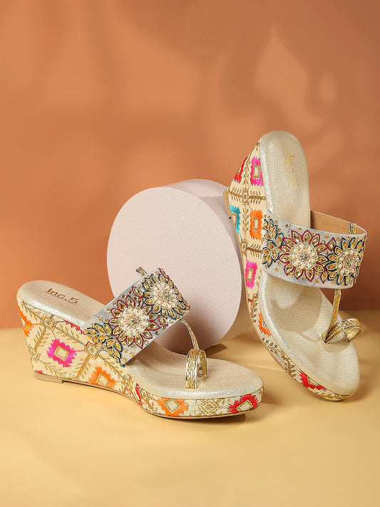 Women Gold Ethnic Embellished Wedges Heels
