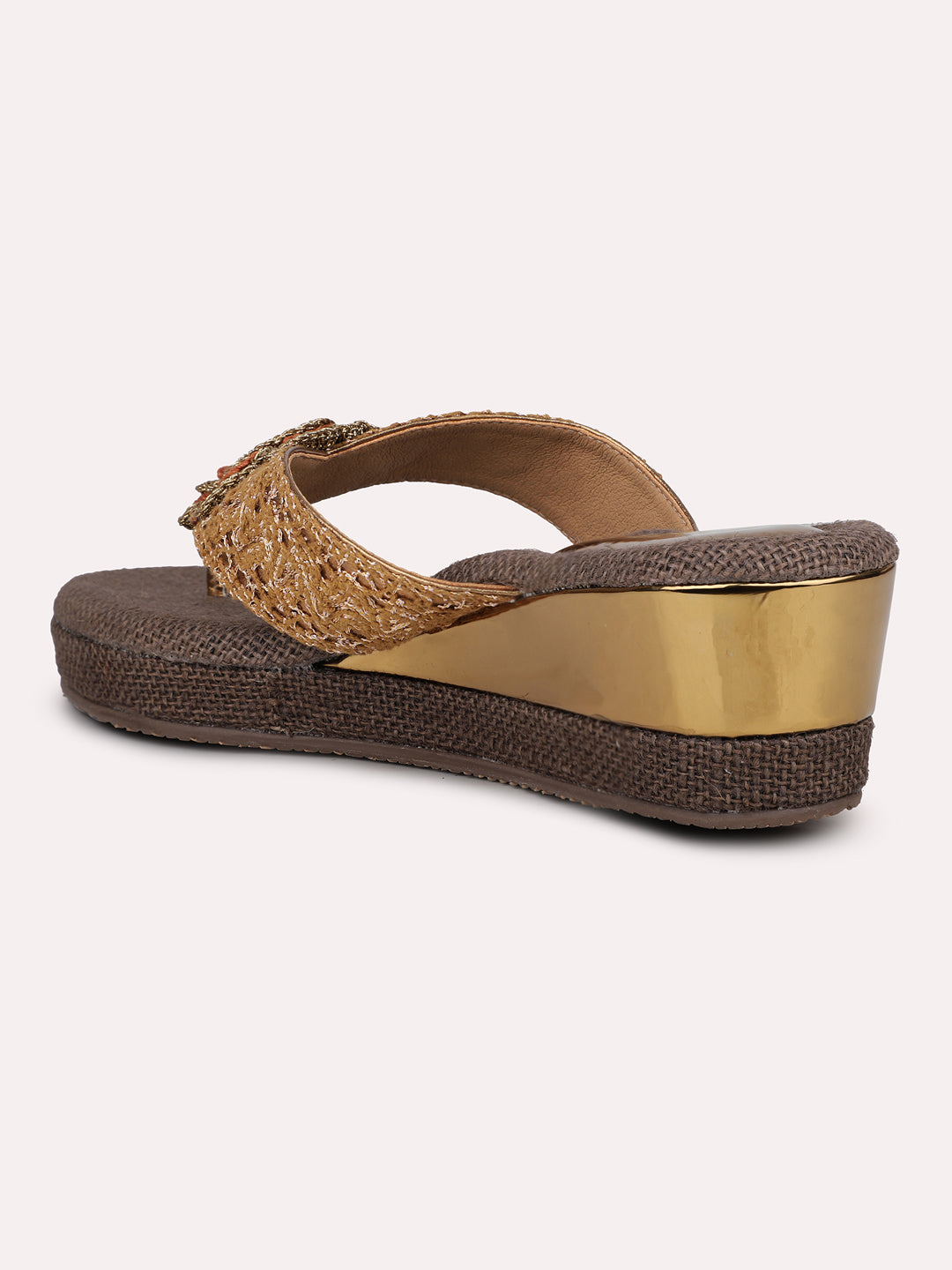 Women Antique Jute Finish Embellished Wedge