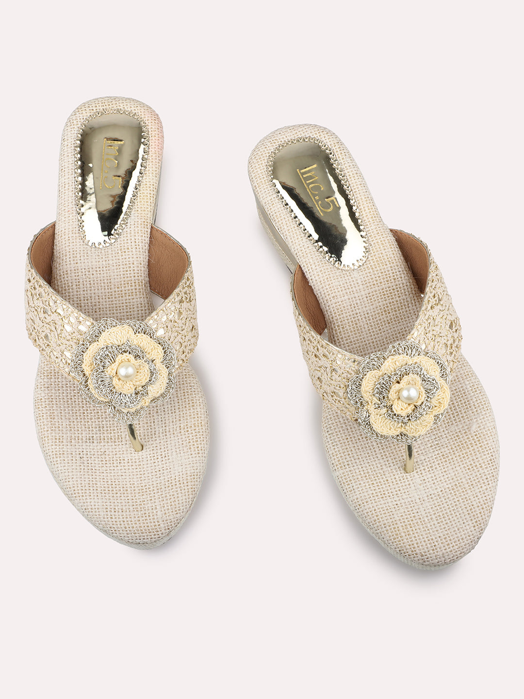 Women Gold Jute Finish Embellished Wedge