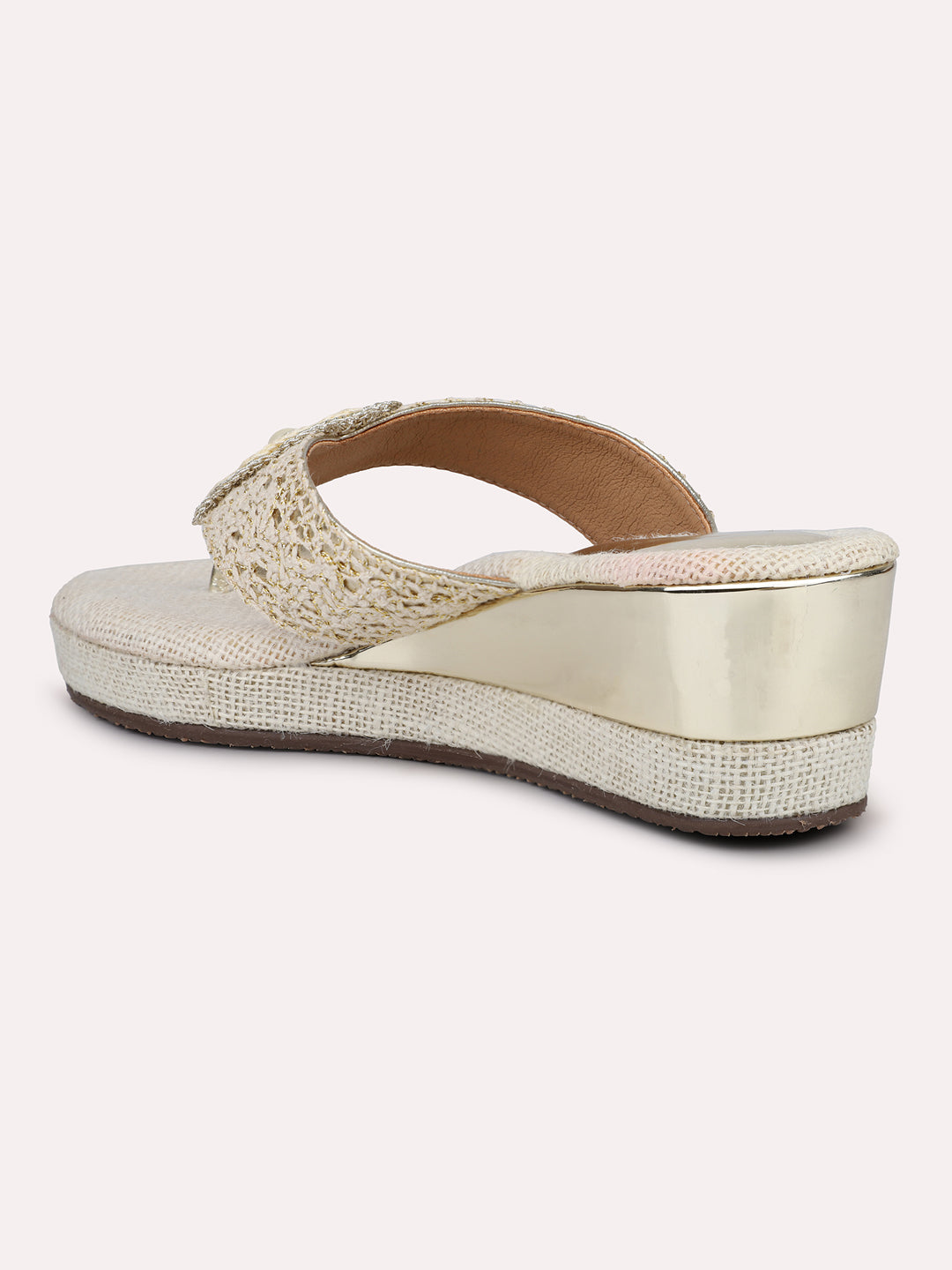 Women Gold Jute Finish Embellished Wedge