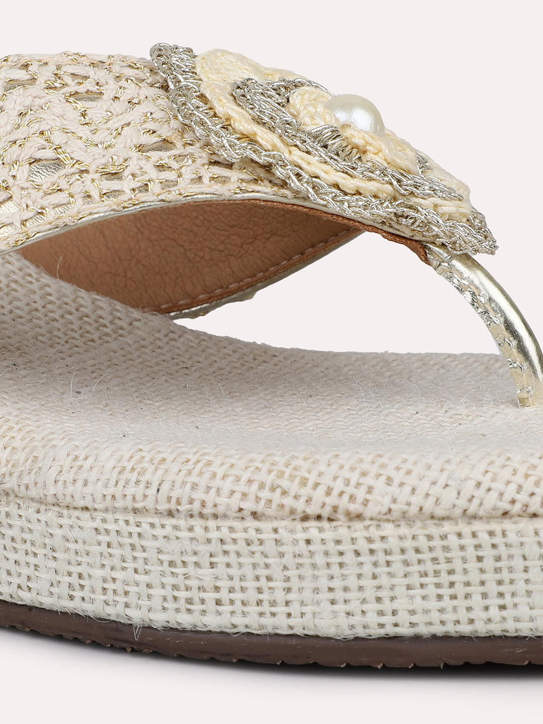 Women Gold Jute Finish Embellished Wedge