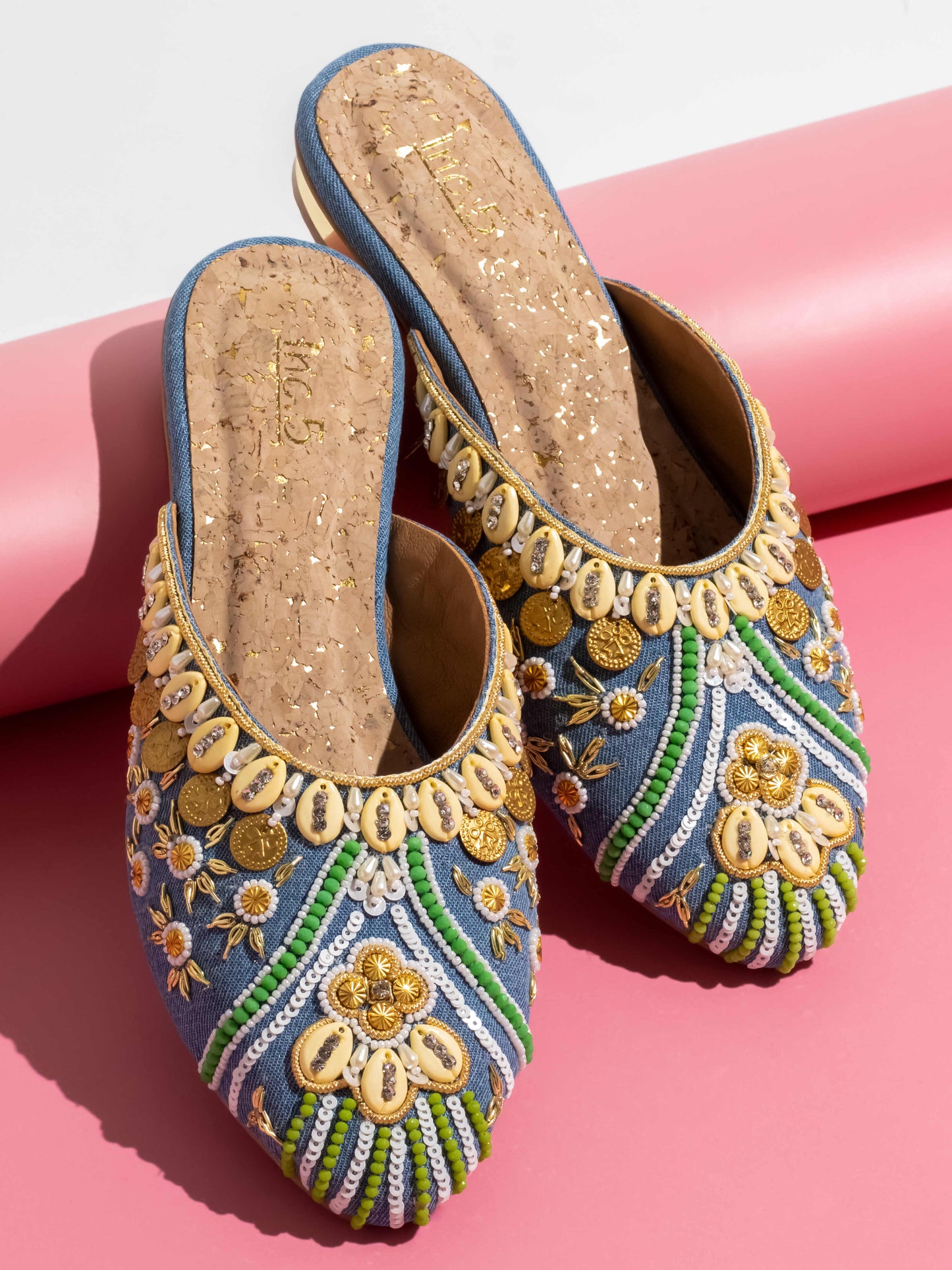 Women Blus Embellished Ethnic Block Mules Heels