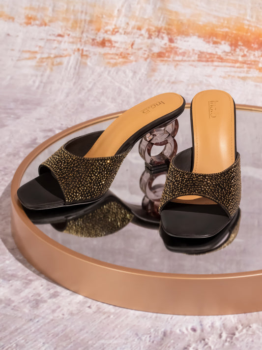 Women Black & Gold-Toned Embellished Open Toe Transparent Block Heels