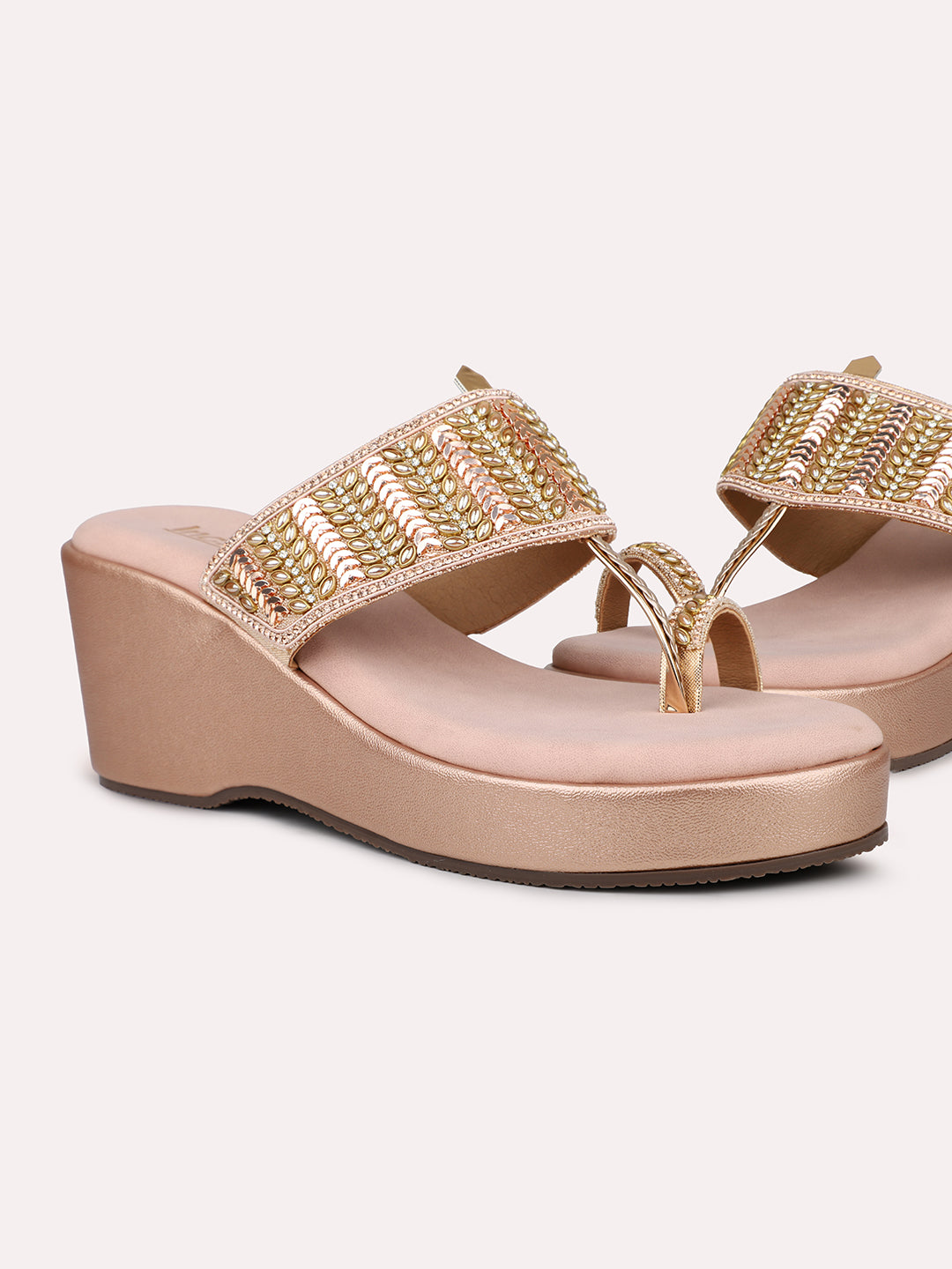 Women Rose Gold Embellished One Toe Wedge Heels