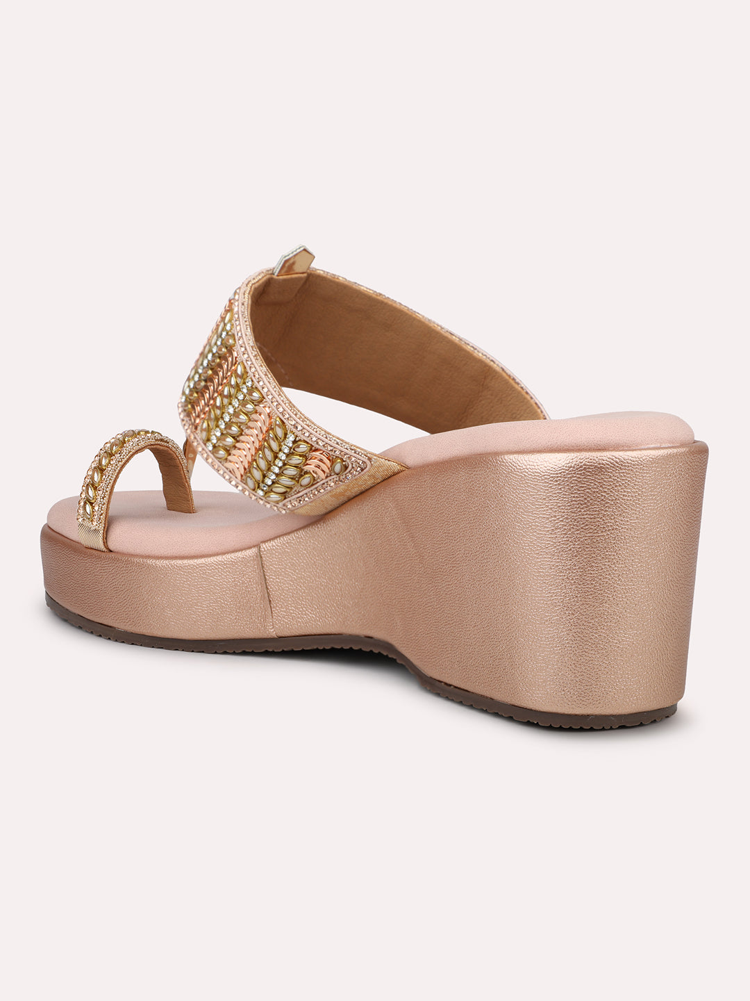 Women Rose Gold Embellished One Toe Wedge Heels