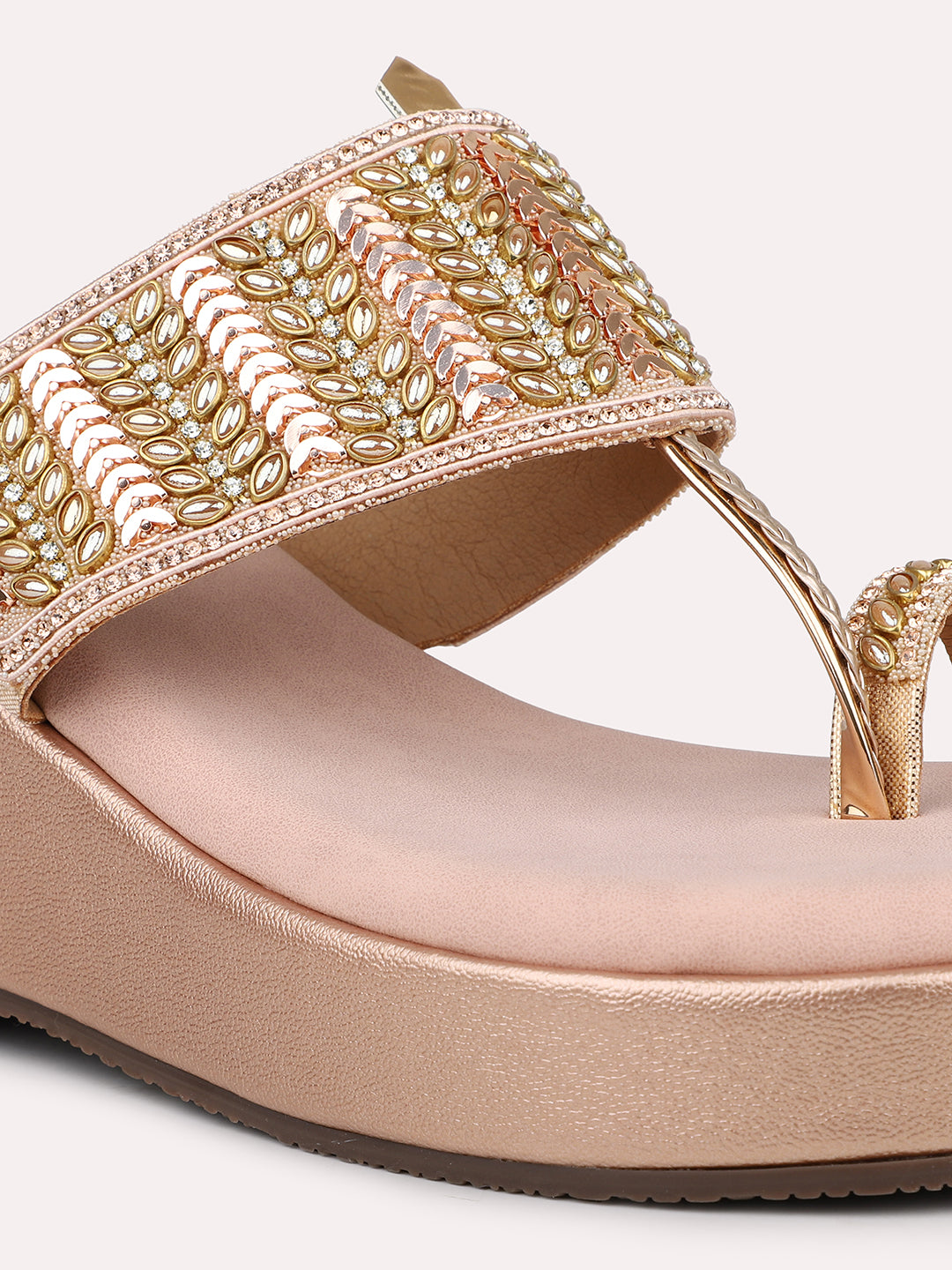 Women Rose Gold Embellished One Toe Wedge Heels