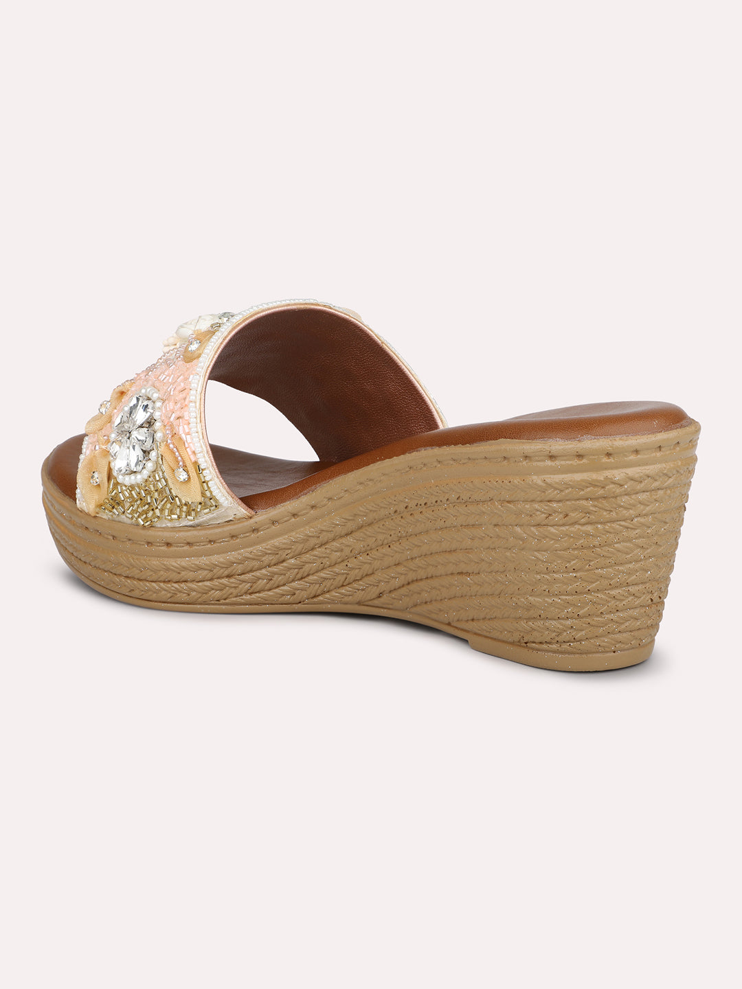 Women Rose Gold Embroidered Open Toe Wedge Heels