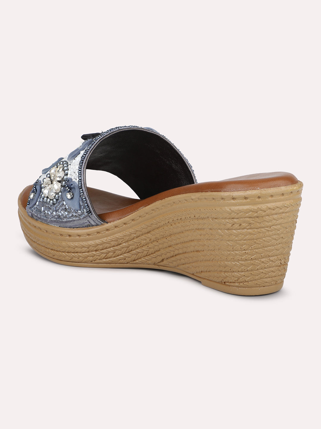Women Pewter Embroidered Open Toe Wedge Heels
