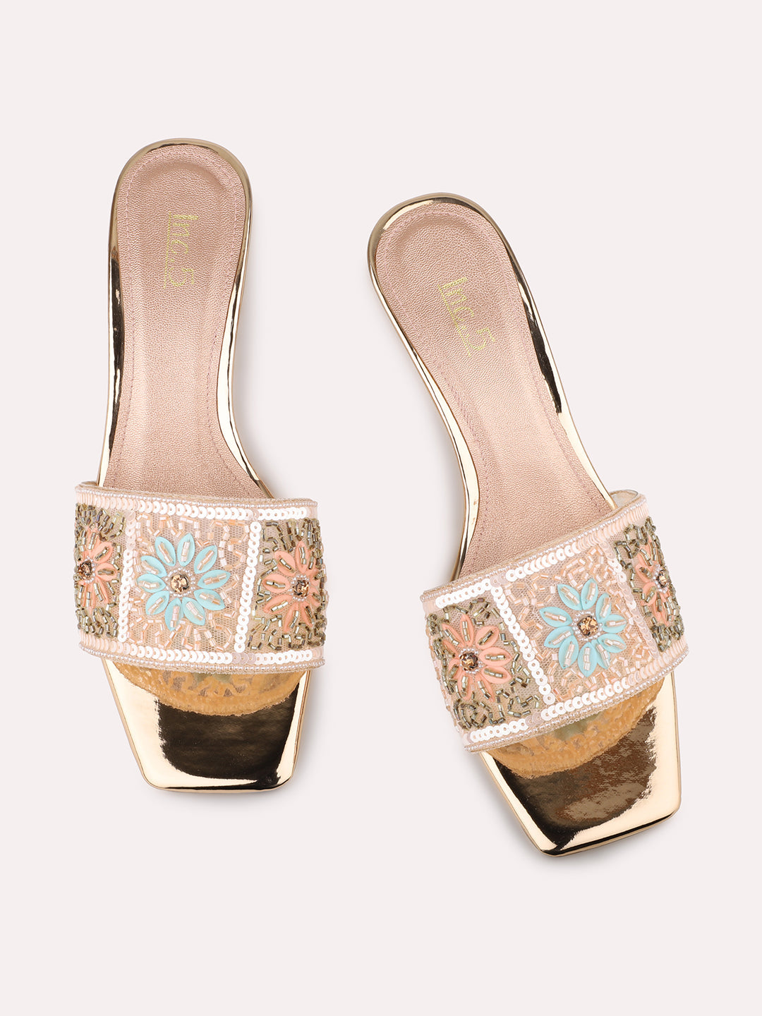 Women Rose Gold Embellished Party Kitten Heels