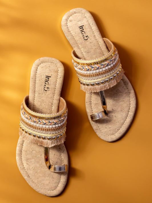 Women Gold Ethnic Embroidered One Toe Flats