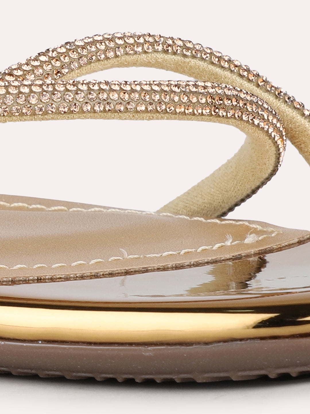 Women Golden Party Wear Striped Round Toe Block Heel Sandals