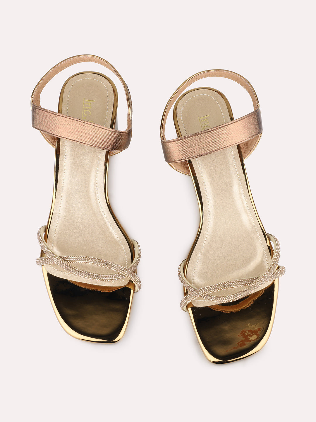 Women Golden Party Wear Striped Round Toe Block Heel Sandals