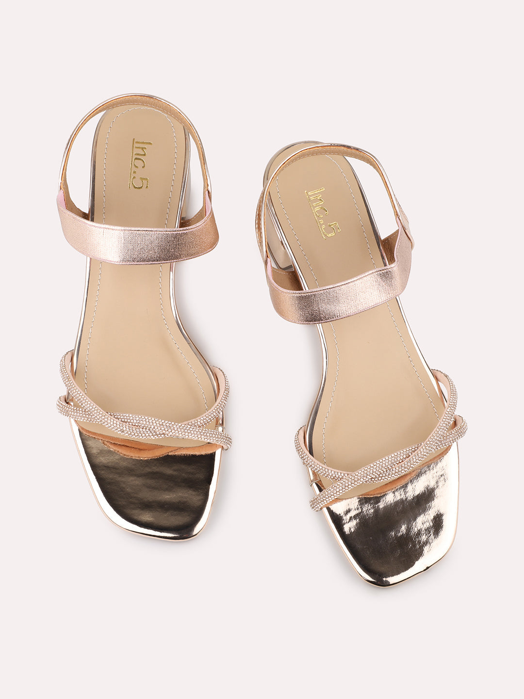 Buy Now Women Rose Gold Embellished Open Toe Block Heels With Backstrap