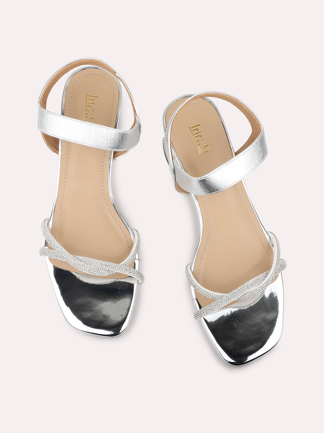 Women Silver Embellished Open Toe Block Heels With Backstrap