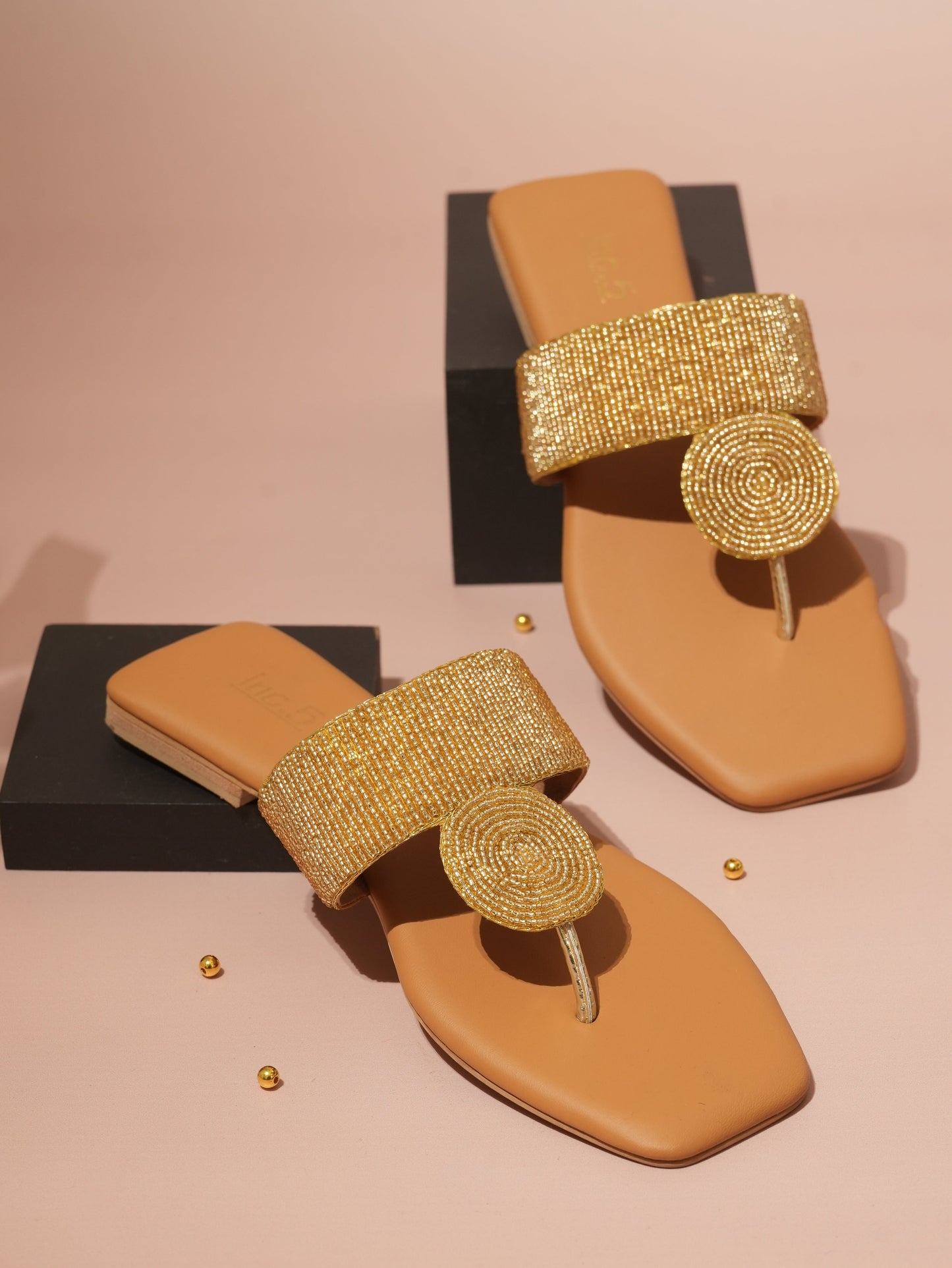 Women Gold Embellished Open Square Toe Flats