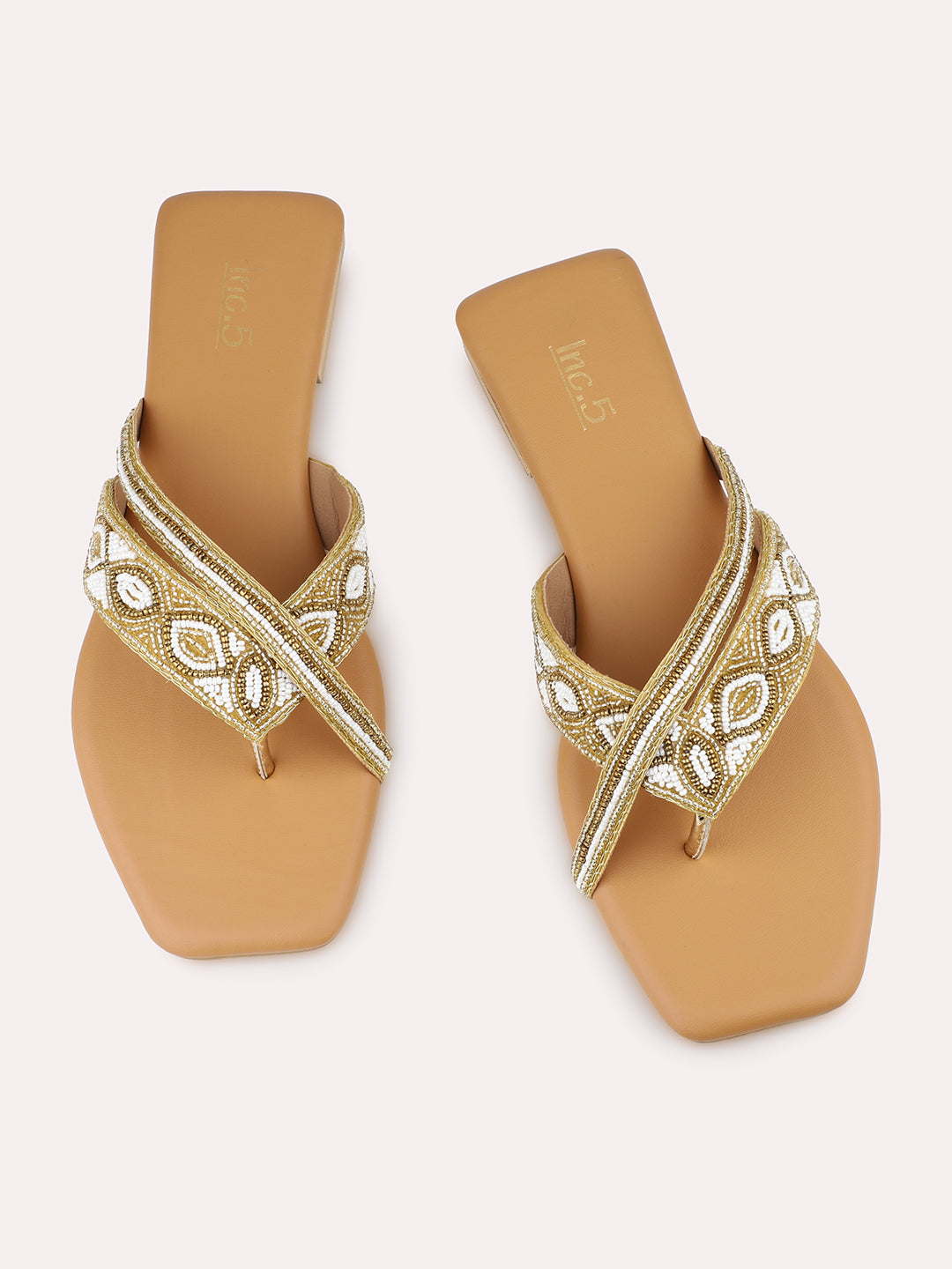 Women Gold Embellished Ethnic One Toe Flats