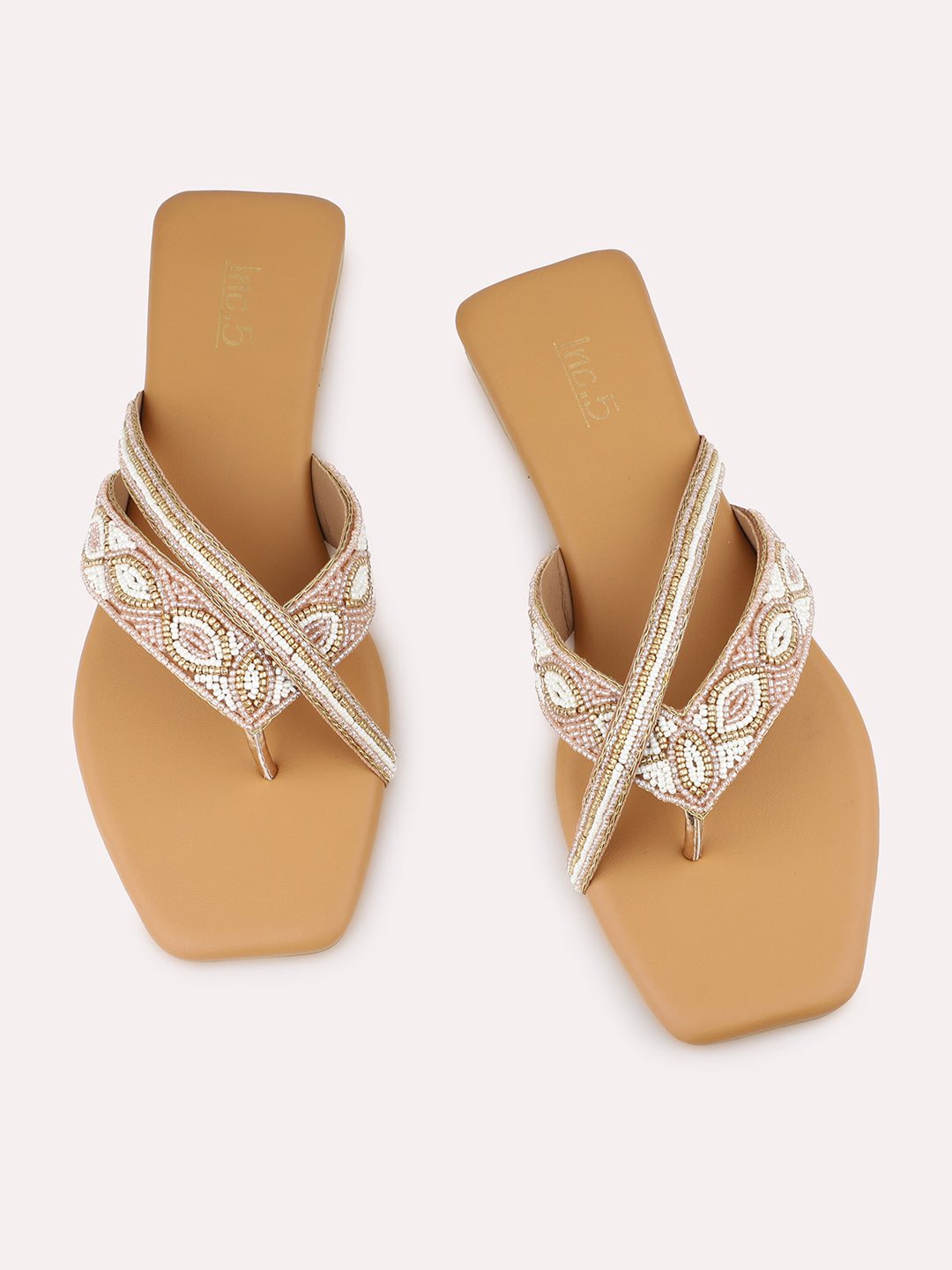 Women Rose Gold Embellished Ethnic One Toe Flats