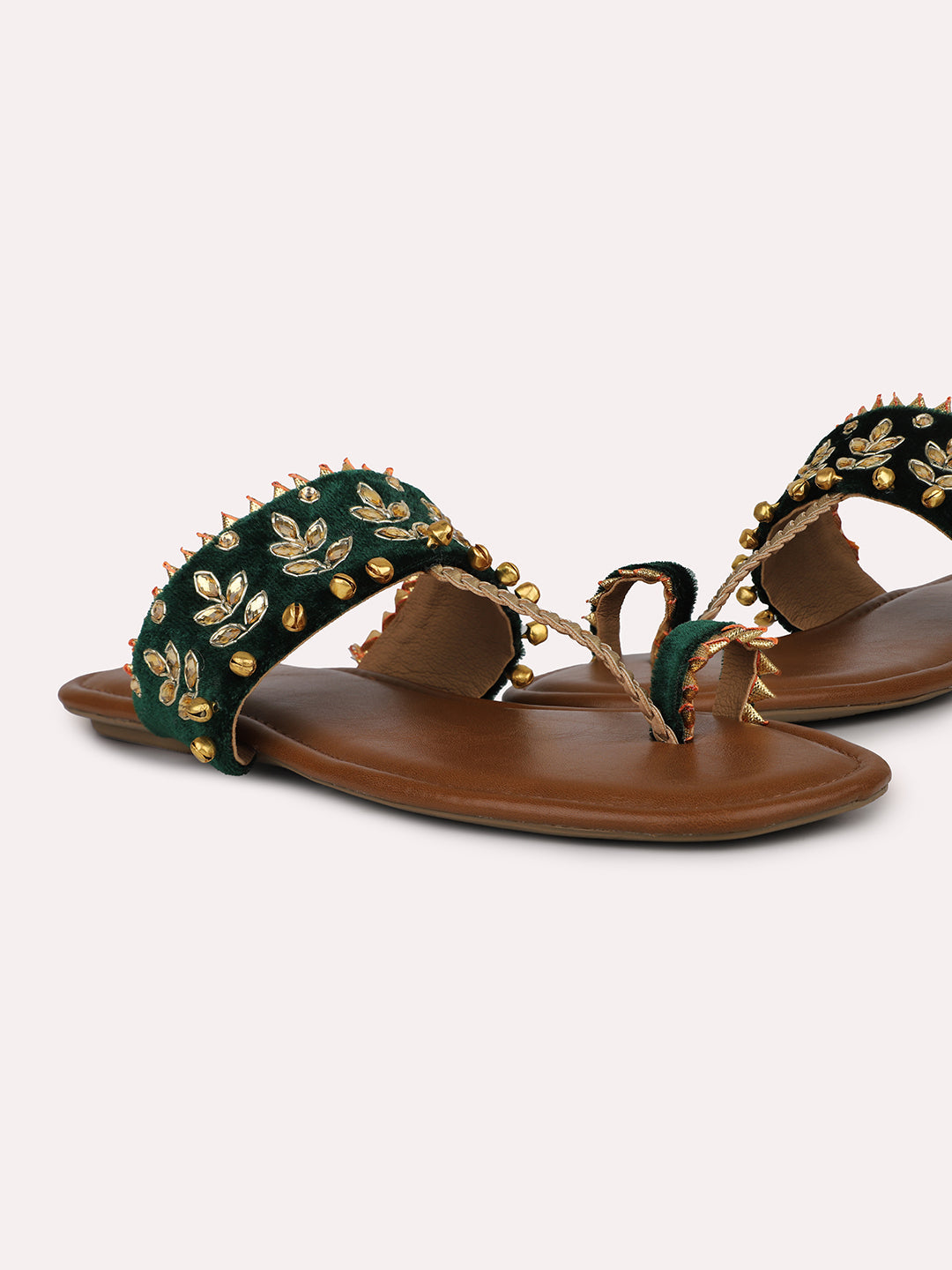 Women Green And Gold Toned Embellished One Toe Flats