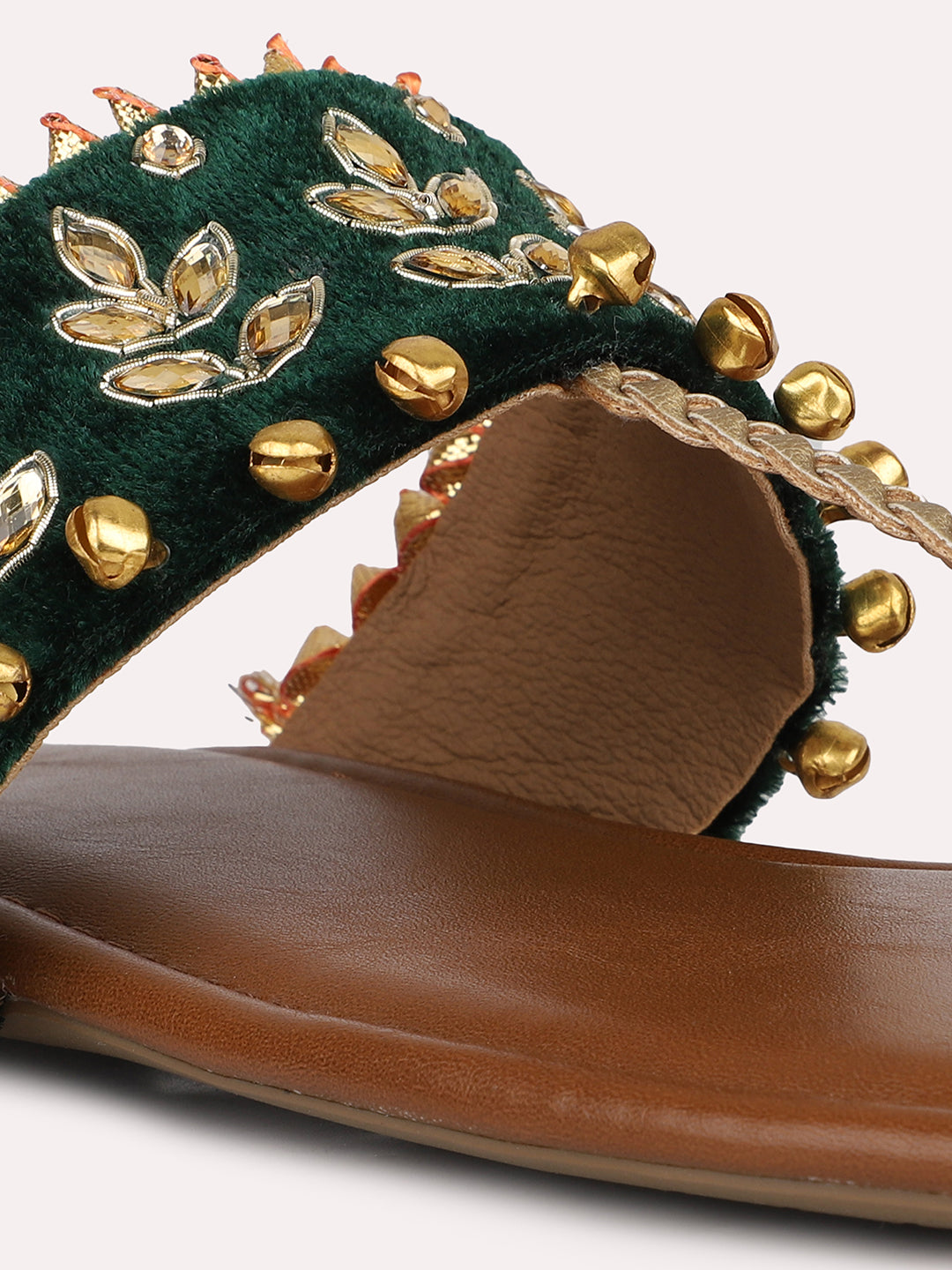 Women Green And Gold Toned Embellished One Toe Flats