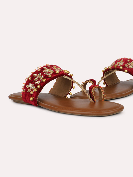 Women Maroon And Gold Toned Embellished One Toe Flats