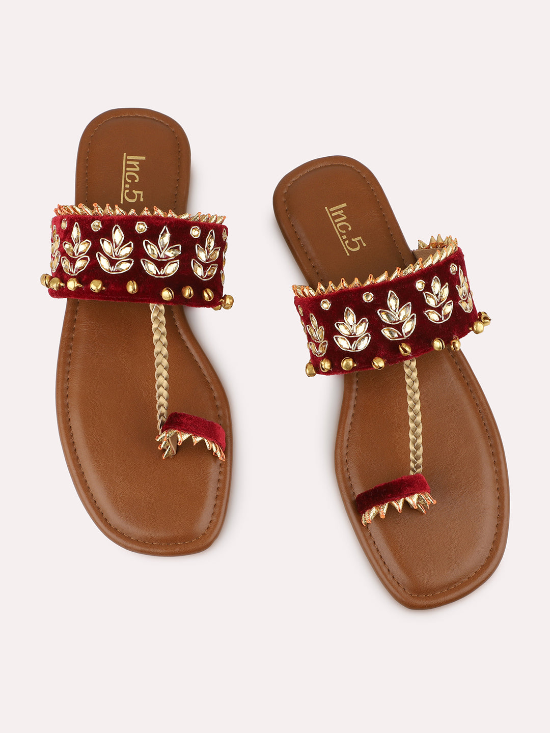 Women Maroon And Gold Toned Embellished One Toe Flats