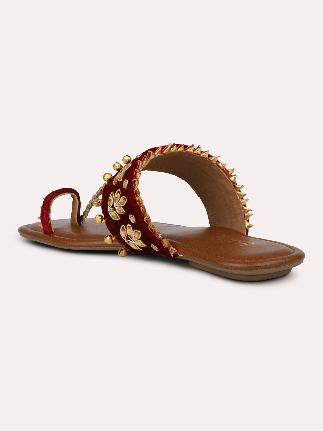 Women Maroon And Gold Toned Embellished One Toe Flats