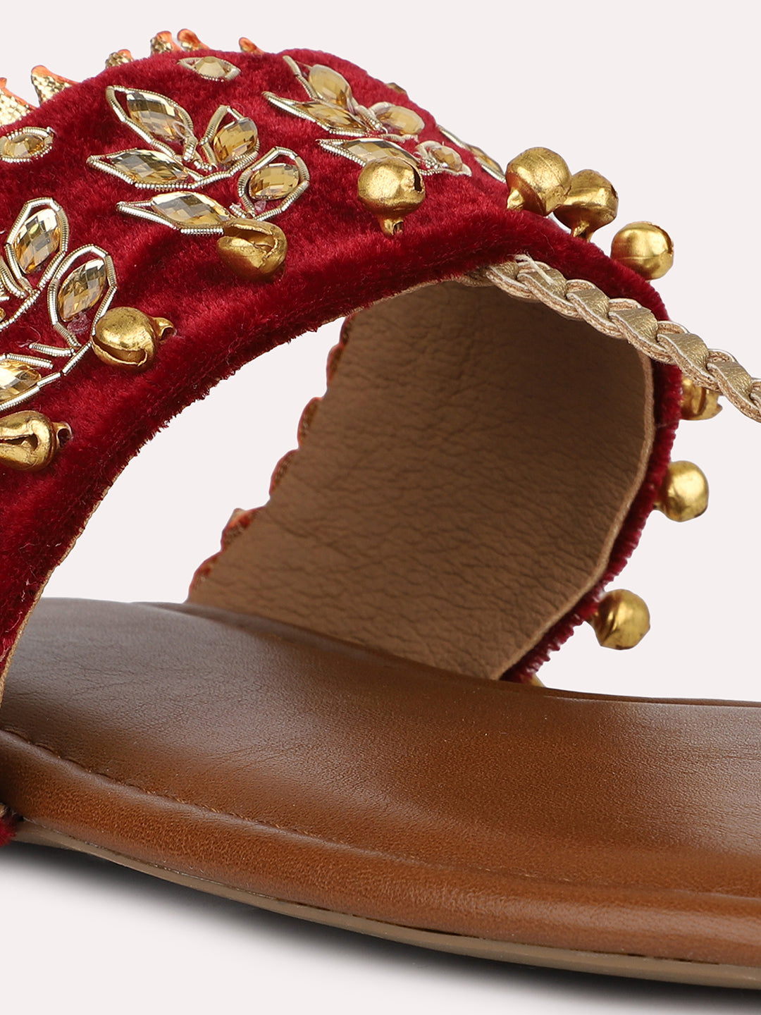 Women Maroon And Gold Toned Embellished One Toe Flats