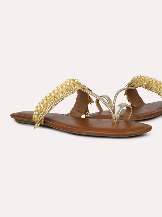 Women Gold Embellished One Toe Flats