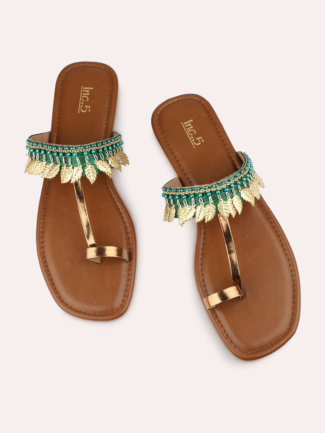 Women Green Embellished One Toe Flats