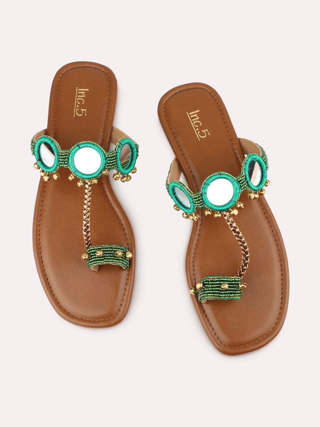 Women Green & Gold-Toned Ghungroo Embellished Open Toe Flats