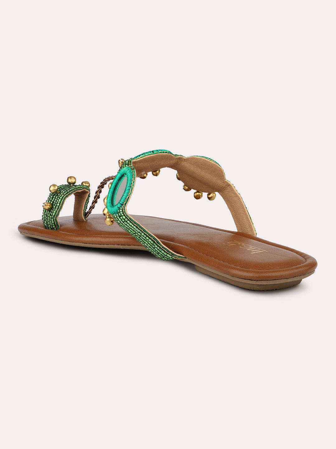 Women Green & Gold-Toned Ghungroo Embellished Open Toe Flats