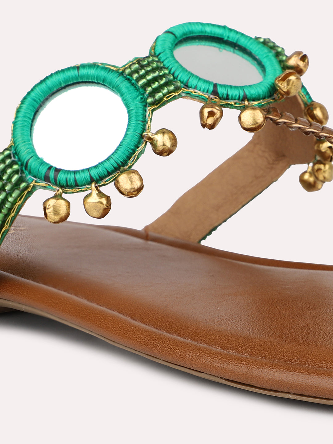 Women Green & Gold-Toned Ghungroo Embellished Open Toe Flats