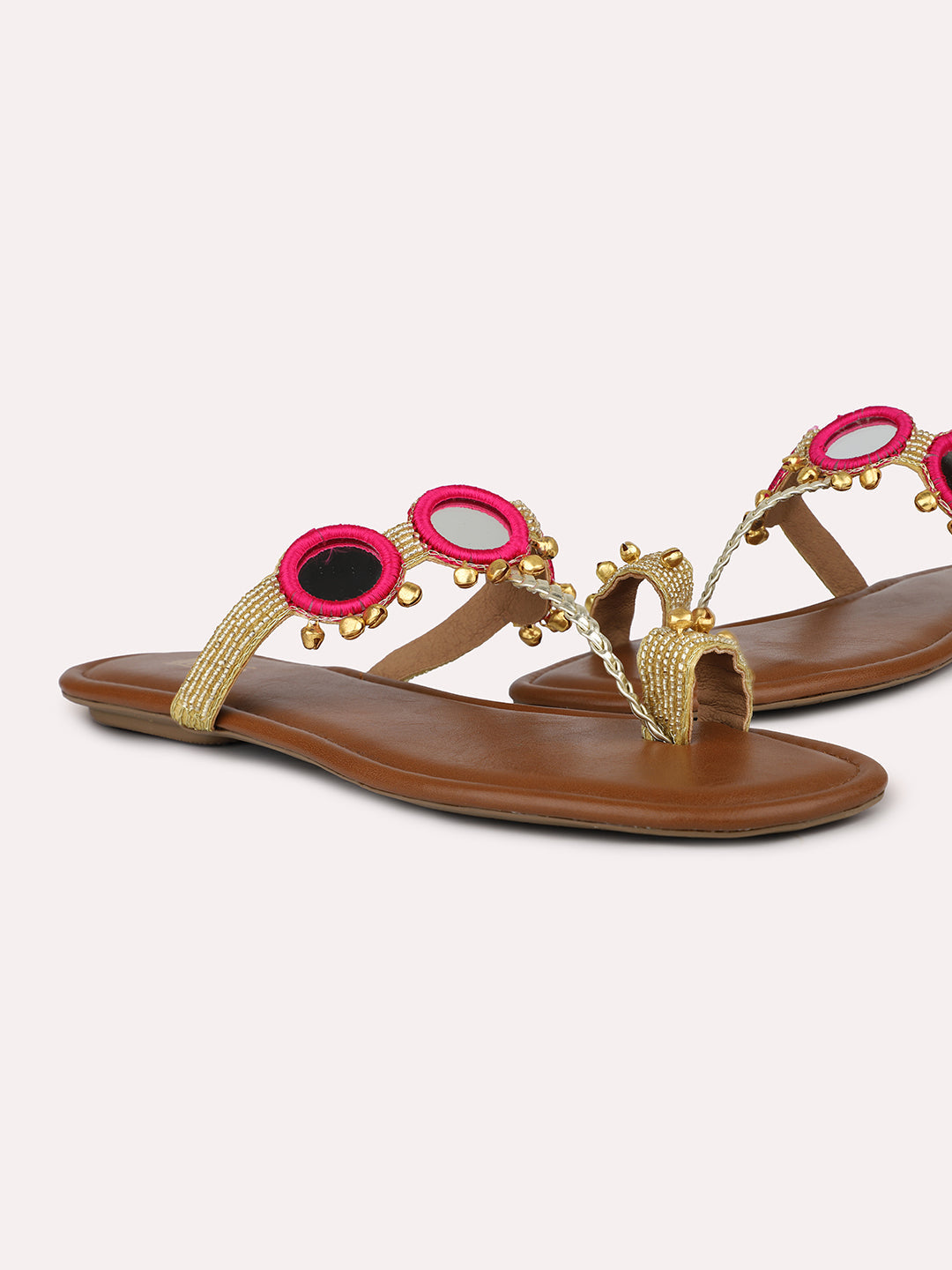 Women Pink & Gold-Toned Ghungroo Embellished Open Toe Flats