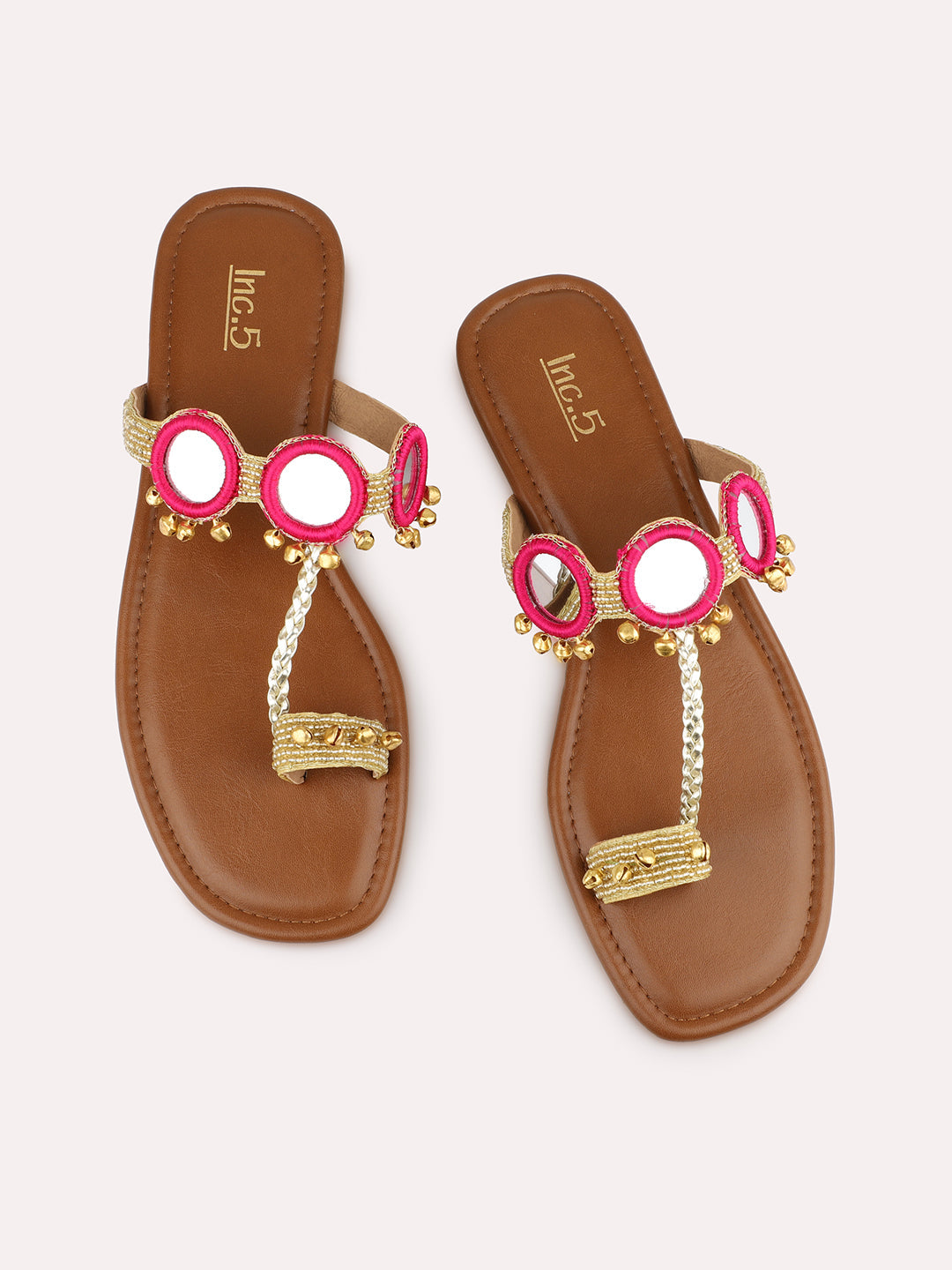 Women Pink & Gold-Toned Ghungroo Embellished Open Toe Flats