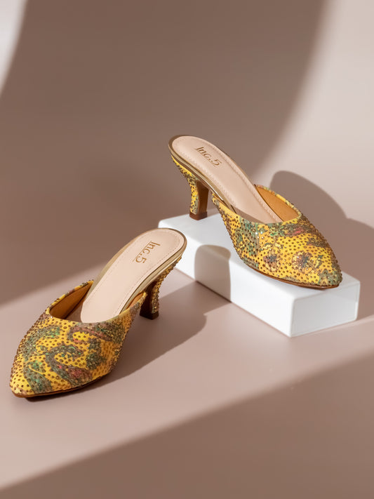 Women Tan & Gold-Toned Multicoloured Printed Slim Heel Mules