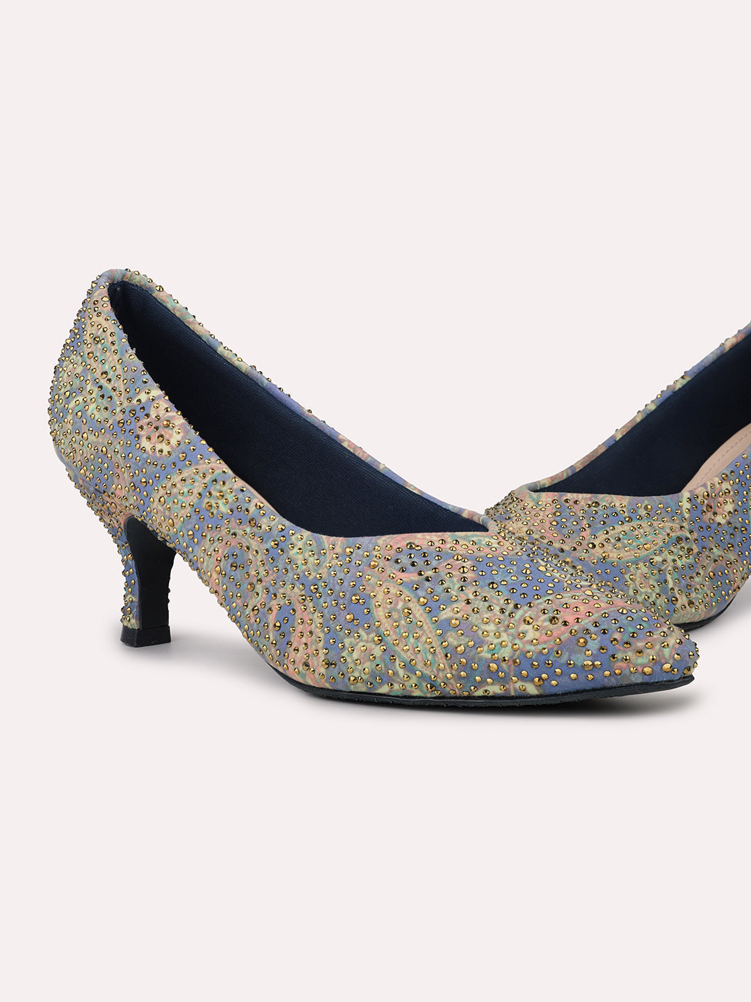 Women Blue Printed Embellished Pointed Toe Party Heeled Pumps