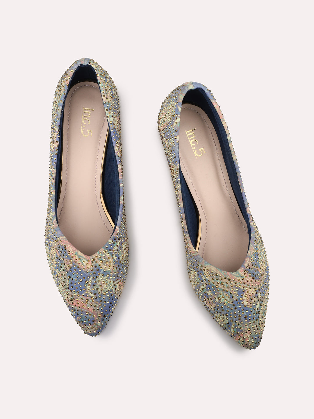 Women Blue Printed Embellished Pointed Toe Party Heeled Pumps