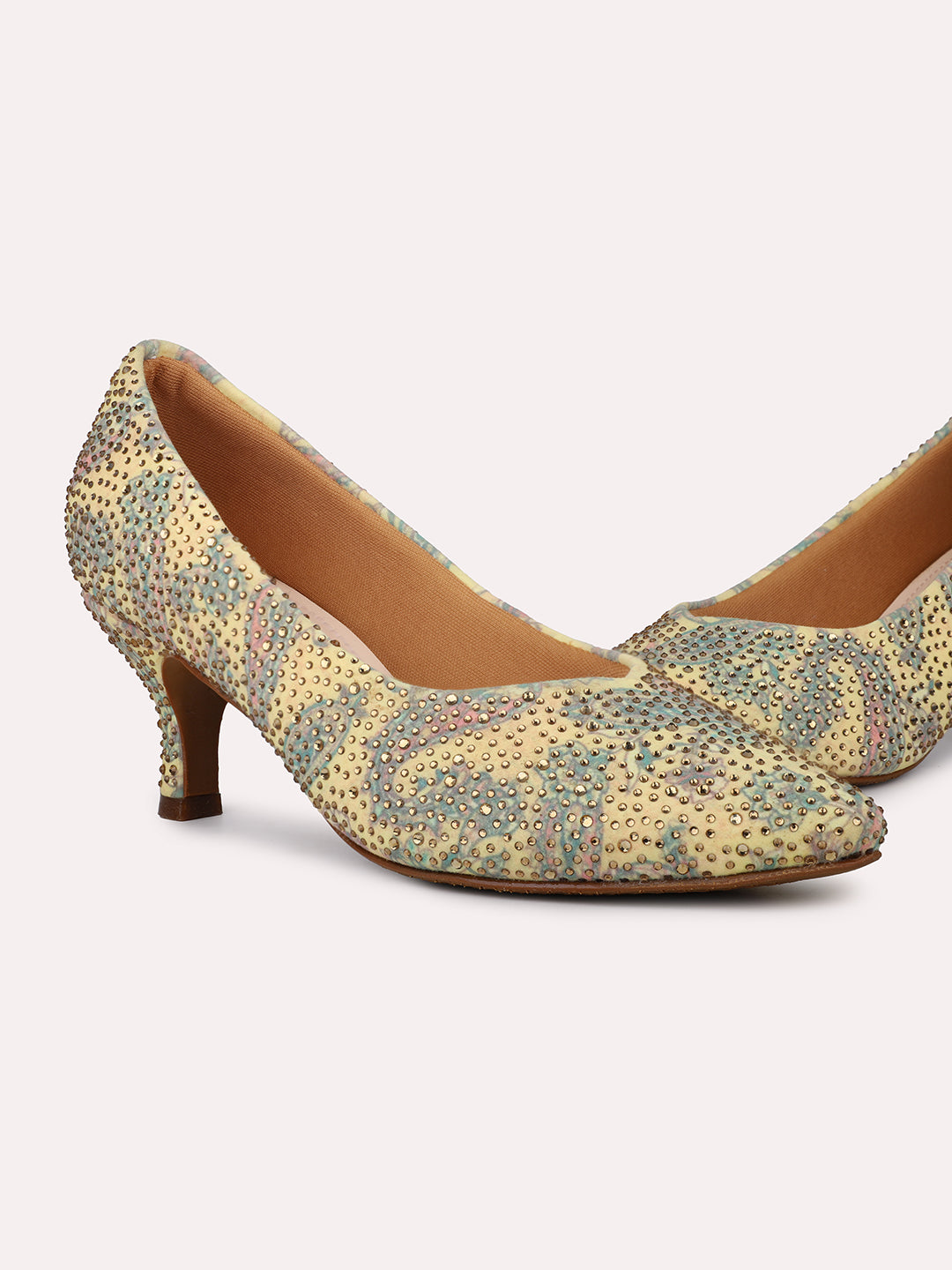 Women Yellow Printed Embellished Pointed Toe Party Heeled Pumps